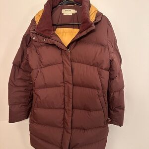 Prana Kromata Women’s Down Jacket, Medium, maroon and goldenrod accents